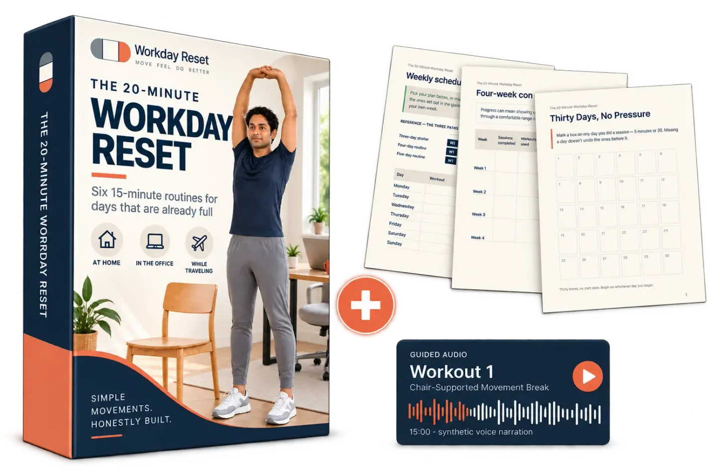 The three parts of the male edition together: the illustrated guide, the audio companion and the printable trackers.